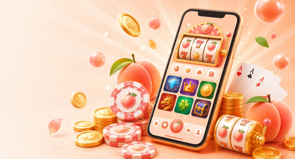 Mobiele Casino Peaches app met peach slots, casinochips, kaarten en munten