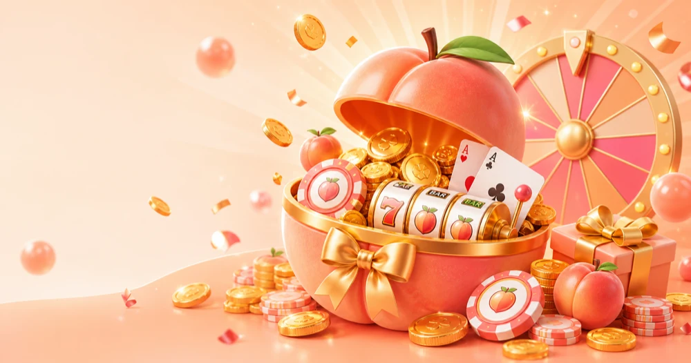Peach bonusbox met slotrollen, munten, kaarten en casinochips