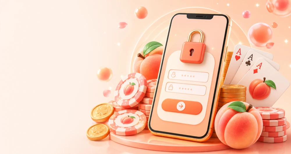 Casino Peaches login op mobiel met speelkaarten, munten en peach casinochips